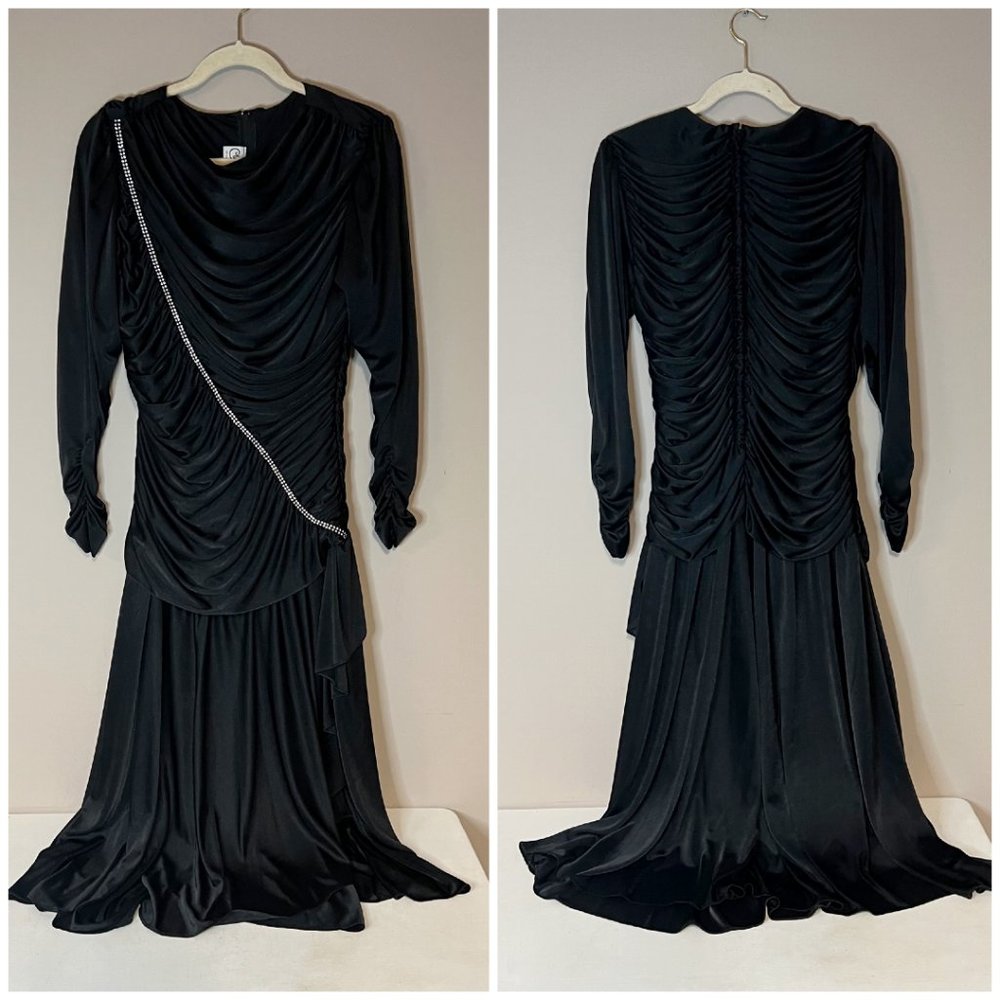 Vintage 1980s Black Ruched Rhinestone Long Sleeve Formal Evening Dress